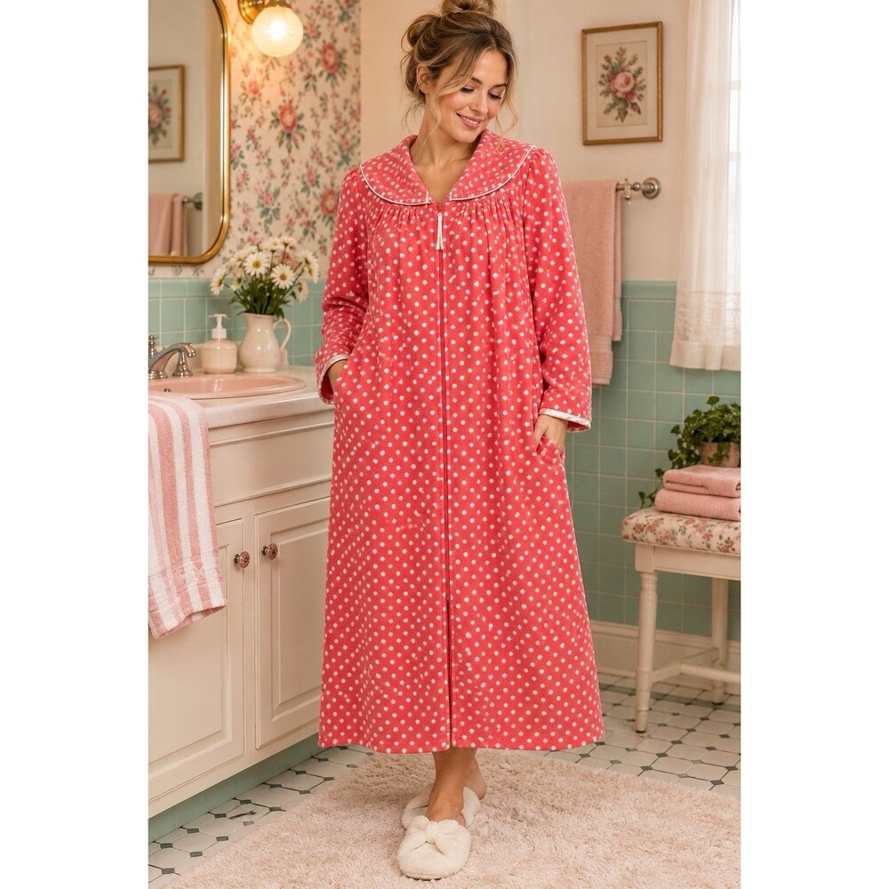 Womens L/XL Coral Pink White Polka Dot Terry Cloth Zip Front Robe Housecoat Cozy
